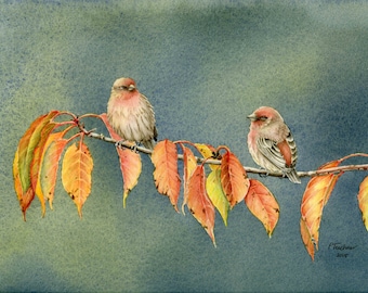 Finch Watercolor Painting, Autumn Leaves, Bird Wall Art, Bird Print (9 x 13.5 inches)