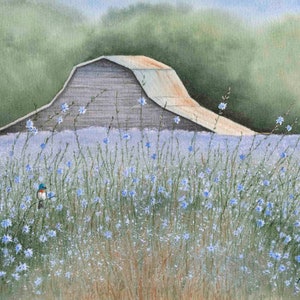 Barn Watercolor Painting, Flowers, Wall Art, Old Barn, Farmhouse Art, 9x12 inches