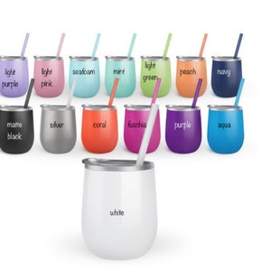 May include: A set of 12 stainless steel wine tumblers with matching straws in various colors, including light purple, light pink, seafoam, mint, light green, peach, navy, matte black, silver, coral, fuchsia, purple, aqua, and white.