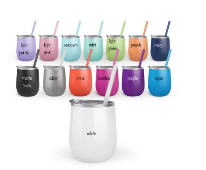 May include: A set of 12 stainless steel wine tumblers with matching straws in various colors, including light purple, light pink, seafoam, mint, light green, peach, navy, matte black, silver, coral, fuchsia, purple, aqua, and white.