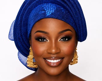 Handmade Senegalese Gele Headtie, Aso-Oke Fabric, Pre-tied Autogele Nigerian Wedding Headwrap