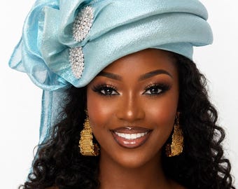 Handmade Senegalese Gele Headtie, Pre-tied Aso-Oke Fabric Headwrap