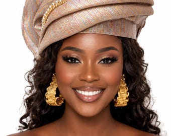 Handmade Senegalese Gele Headtie, Pre-tied African Nigerian Wedding Headwrap