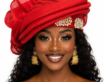 Handmade Senegalese Gele Headtie, Pre-tied African Nigerian Wedding Headwrap