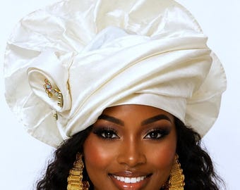 Handmade Senegalese Gele Headwrap, Authentic Aso-Oke Fabric, Pre-tied Elegance