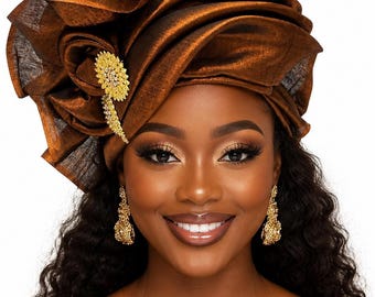 Handmade Senegalese Gele Headtie, Aso-Oke Fabric, Pre-tied African Headwrap