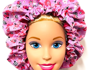 Reversible Satin Hair Bonnet, Ladybug and Flowers, Kids Bonnet