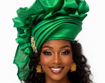 Handmade Senegalese Gele Headtie, Pre-Tied African Nigerian Wedding Headwrap