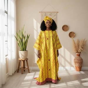 African Bazin Boubou Dress with Headtie | Traditional Handmade African Kaftan | Elegant Party or Wedding Outfit