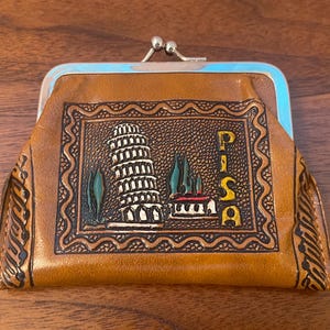 Vintage 1960s Tooled Leather Coin Purse with Kiss Lock