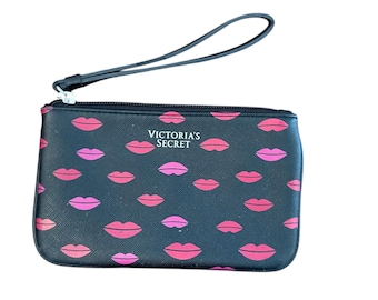 Vintage Y2K Victoria Secret Love Kiss Black Faux Leather Wristlet with Pink & Red Lipstick