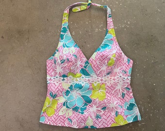 Vintage 90s Lilly Pulitzer Cotton Tropical Floral Halter Top