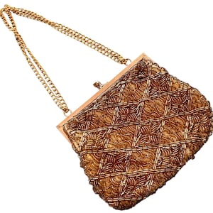 Vintage 60s La Regale Gold Beaded Evening Bag Purse Clutch