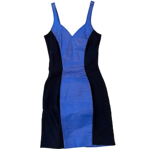 Vintage 1980s Super Sexy Blue Leather + Black Jersey Dress By Wilson Leather Size Small