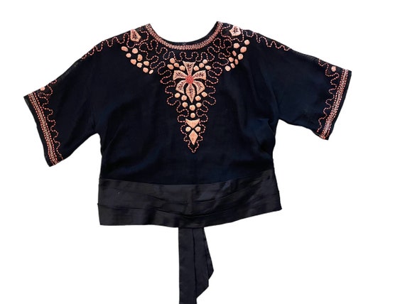 Vintage 50s Sheer Black + Pink Embroidered Top - image 1