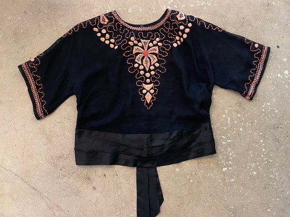 Vintage 50s Sheer Black + Pink Embroidered Top - image 4