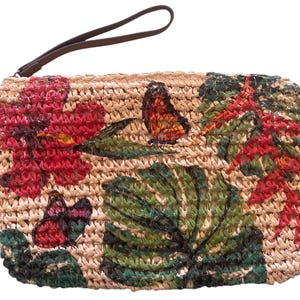 Natural Straw Small Zip-Top Clutch Purse