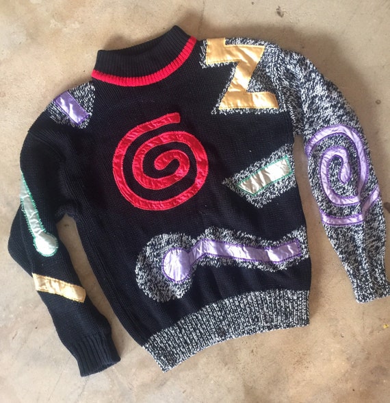 80s Vintage Memphis Inspired Appliquéd Sweater - image 1