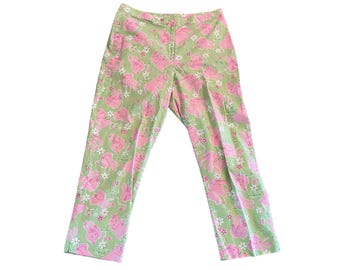 Vintage 90s Lilly Pulitzer Cotton Elephant Printed Capri Pants Size 10