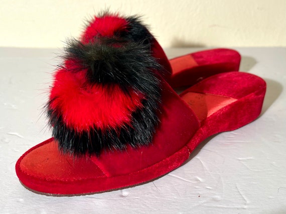 Vintage 1950s Velvet Slippers With Faux Fur Pom P… - image 4