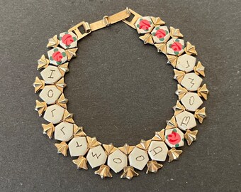 Vintage 50s Gold Tone Metal + Enamel Hollywood Bowl Souvenir Bracelet