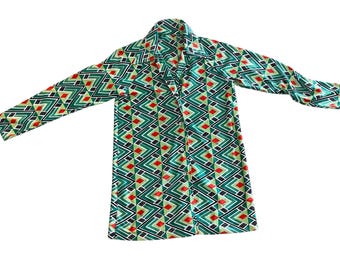 Vintage 1960s Women’s Geometric Printed Polyester Long Sleeve Shirt by Bali Size Medium