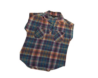 Vintage 80s Cotton Plaid Top, Short Sleeve Size L