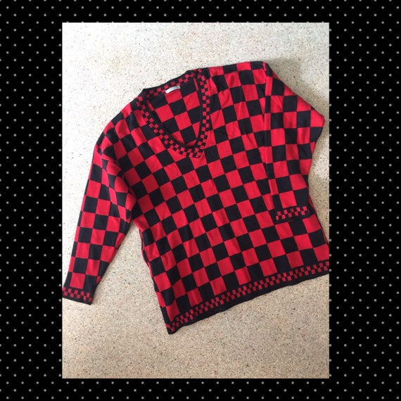 1980s Acrylic V Neck Checkerboard Sweater