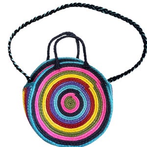 Vintage 1980s Round Rainbow Raffia Crossbody Purse