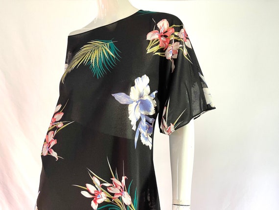 Vintage 70s Sheer Tropical Black Polyester Sheath… - image 3