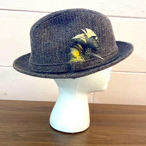 Vintage 1950s Wool Tweed Fedora Hat with Feather by Kangol Size Large