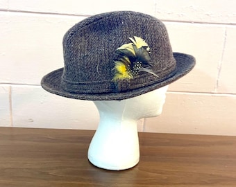 Vintage 1950s Wool Tweed Fedora Hat with Feather by Kangol Size Large