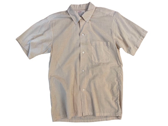 Vintage 60s Men’s Short Sleeve Beige Check Cotton… - image 1