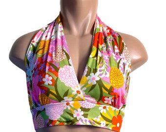 Vintage 50s Nylon Floral Tie Neck Halter Top