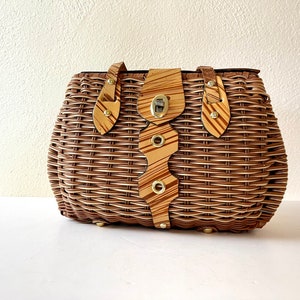 Vintage 1960s Plastic Wicker Purse with Leather Detailing