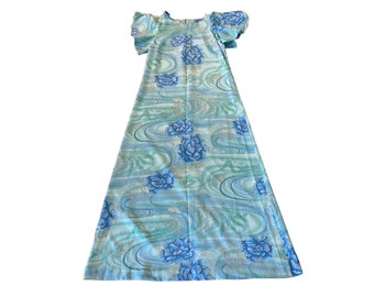 Vintage 1970s Hawaiian Floral Print Ruffle Sleeve Maxi Dress by JC Penny Size Medium