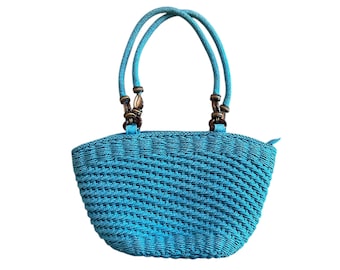 Vintage 80s Bright Blue Raffia Pursewith Cowrie Shell Detailing