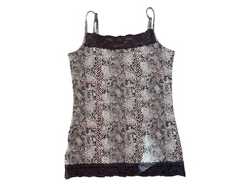 Vintage Y2K 00s Brown Snakeskin Print Lace Trimmed Tank Top Size Small