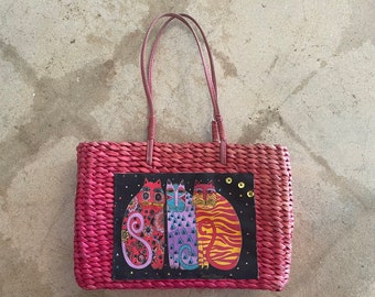 Vintage 1990s Laurel Burch Crazy Cat Straw Handbagby Sun & Sand