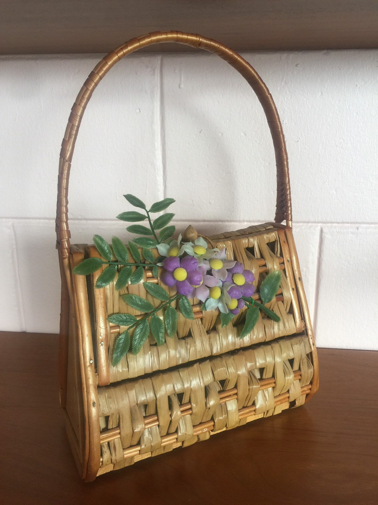 Vintage 1950s Woven Basket Purse With Faux Flower Details by Etsy