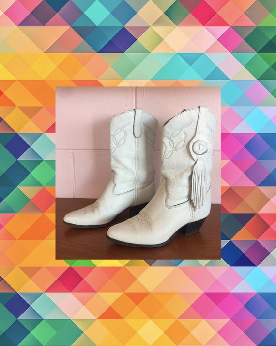Vintage 1980s White Leather Western Style Boots By