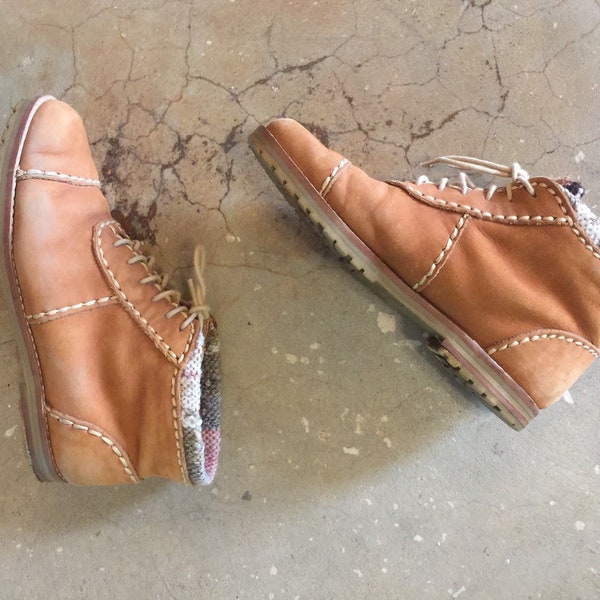 Vintage 1980s Tan Leather Booties With Contrast Stitching by Euro Club