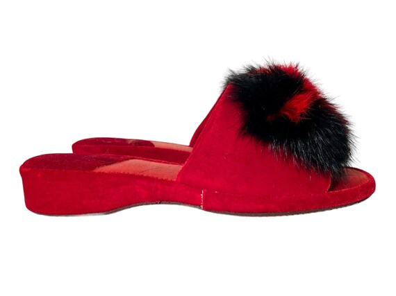 Vintage 1950s Velvet Slippers With Faux Fur Pom P… - image 8