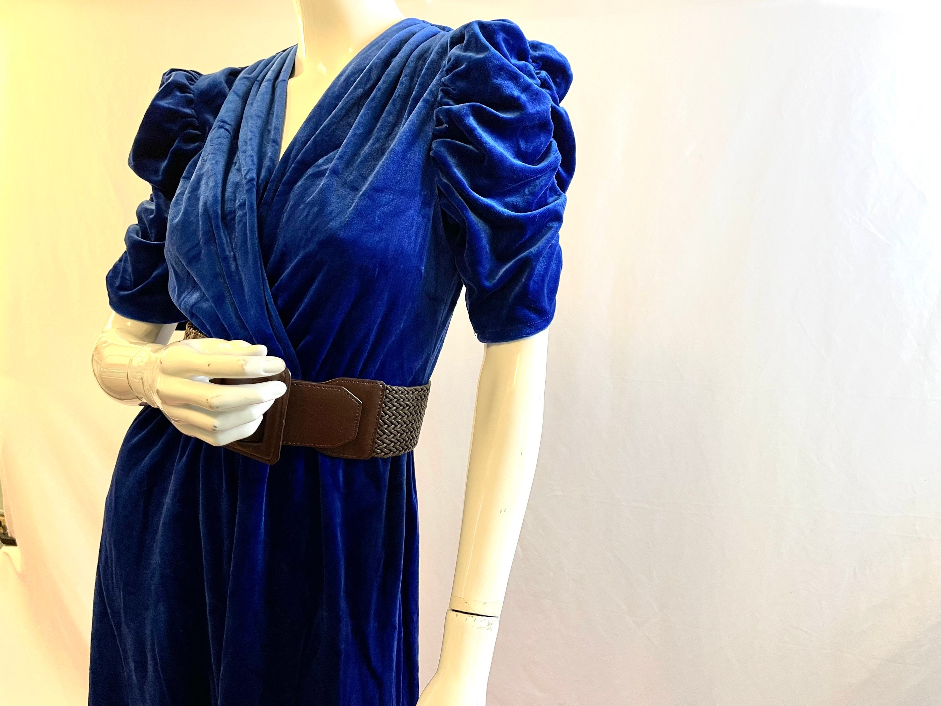 80s Royal Blue Velvet Short Sleeve Mini Dress With Bow By Marnie West main image 1