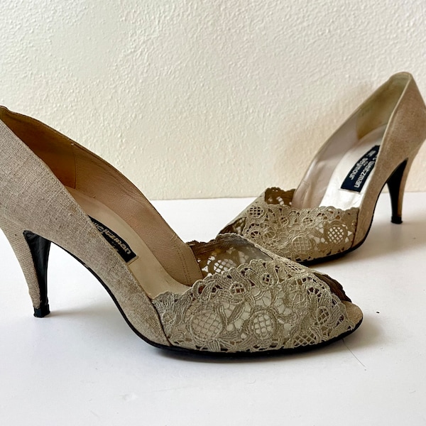 Vintage 1980s Linen + Lace Slip Pump by Stuart Weitzman Mr. Seymour  for Nieman Marcus Size 7.5