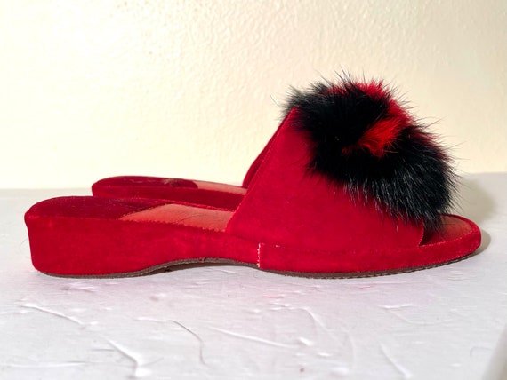 Vintage 1950s Velvet Slippers With Faux Fur Pom P… - image 2