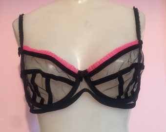 Vintage 1990s Agent Provocateur Black and Pink Mesh Underwire Bra