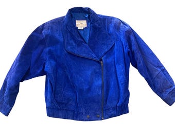 Vintage 80s Womens Electric Blue Suede Oversized Jacket Size Large