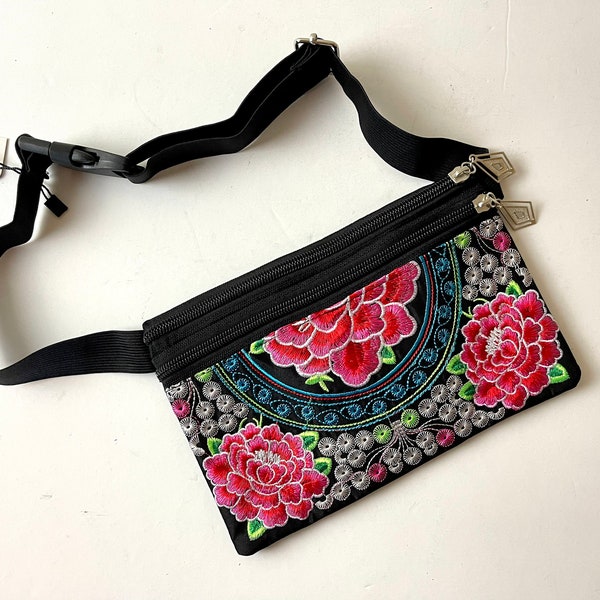 Boho Inspired Embroidered Nylon Belt Bag or Hip Sack