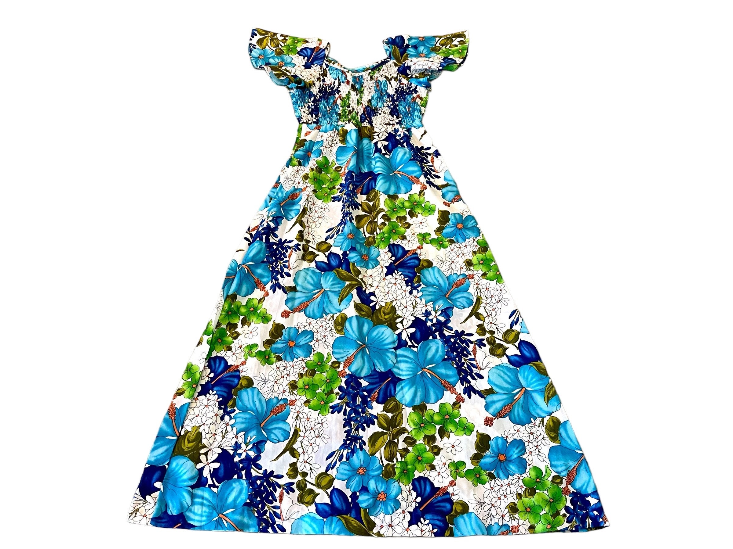 Vintage 1970s Hawaiian Floral Print Smocked Maxi Dress by Pomare Size 6 ...